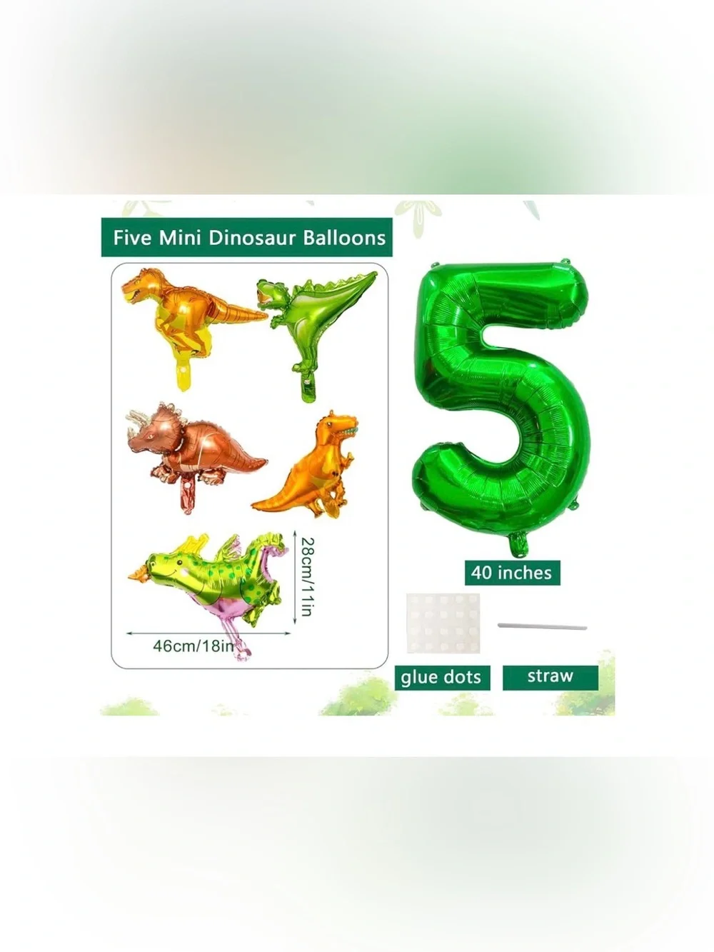 2- 6 Piece Green Number 5 Dinosaur Party Balloon Sets with Mini Dinosaurs